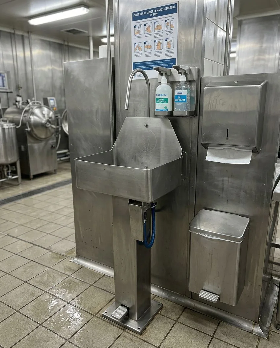 lava manos industrial de acero inoxidable aisi 304 utilizado en la industria alimenticia para garantizar higiene y seguridad sanitaria