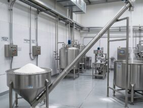 tolva elevadora de azucar en acero inoxidable utilizada en la industria alimenticia para transporte y dosificacion de productos granulados