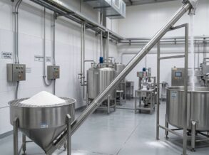 tolva elevadora de azucar en acero inoxidable utilizada en la industria alimenticia para transporte y dosificacion de productos granulados