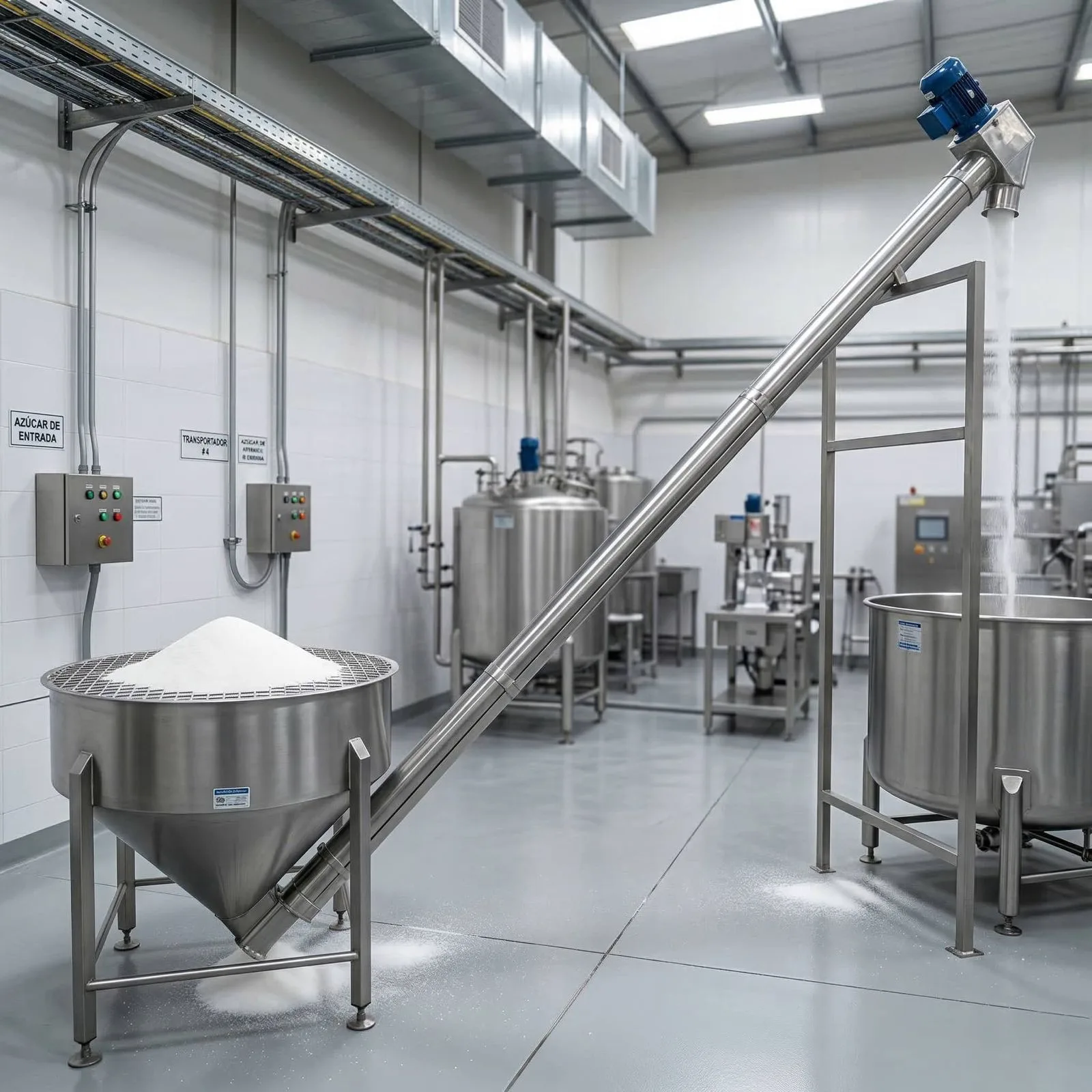 tolva elevadora de azucar en acero inoxidable utilizada en la industria alimenticia para transporte y dosificacion de productos granulados