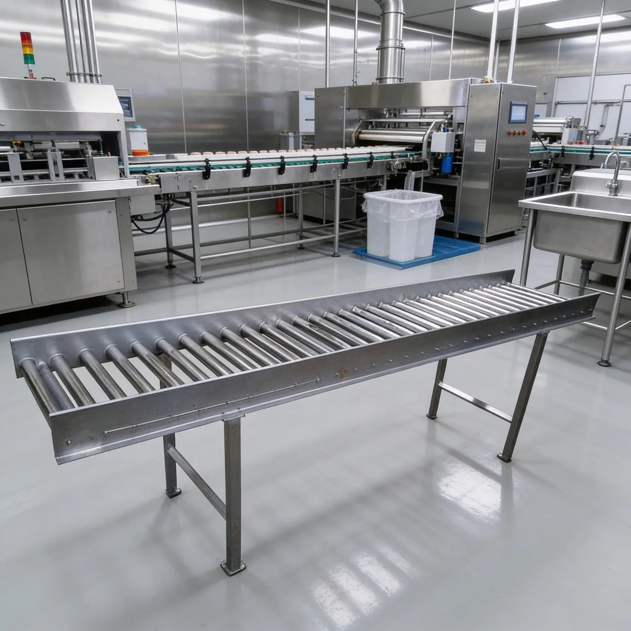 transportadores de rodillos de acero inoxidable utilizados en la industria alimenticia para traslado de productos