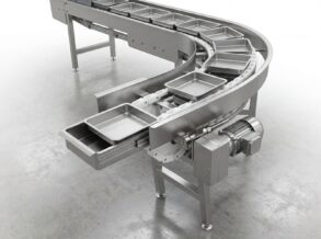 Cintas transportadoras de cadena cajonera fabricadas en acero inoxidable AISI 304 para transporte de bandejas y productos en la industria alimenticia