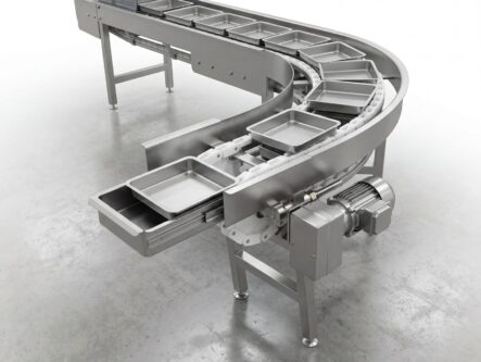Cintas transportadoras de cadena cajonera fabricadas en acero inoxidable AISI 304 para transporte de bandejas y productos en la industria alimenticia