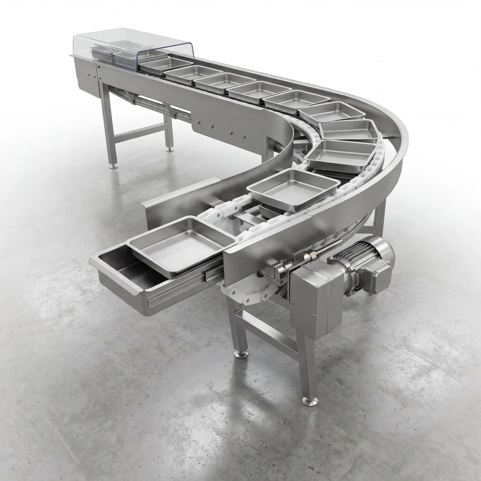 Cintas transportadoras de cadena cajonera fabricadas en acero inoxidable AISI 304 para transporte de bandejas y productos en la industria alimenticia