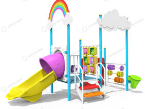 Mangrullo infantil arcoiris con paneles educativos y tobogan para parques y plazas.