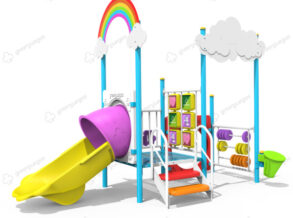 Mangrullo infantil arcoiris con paneles educativos y tobogan para parques y plazas.
