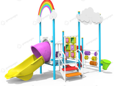 Mangrullo infantil arcoiris con paneles educativos y tobogan para parques y plazas.