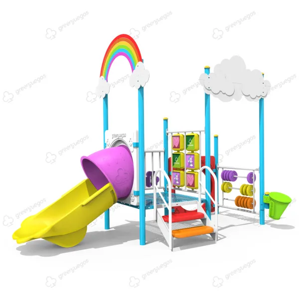Mangrullo infantil arcoiris con paneles educativos y tobogan para parques y plazas.