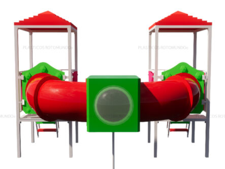 Mangrullo infantil con tunel de conexion, torres techadas y estructuras reforzadas fabricado por Plasticos Rotomundo para plazas, escuelas y parques recreativos.