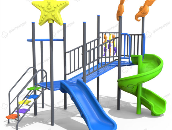 Mangrullo marino Green Juegos con decoracion submarina, pasarelas y toboganes para parques infantiles